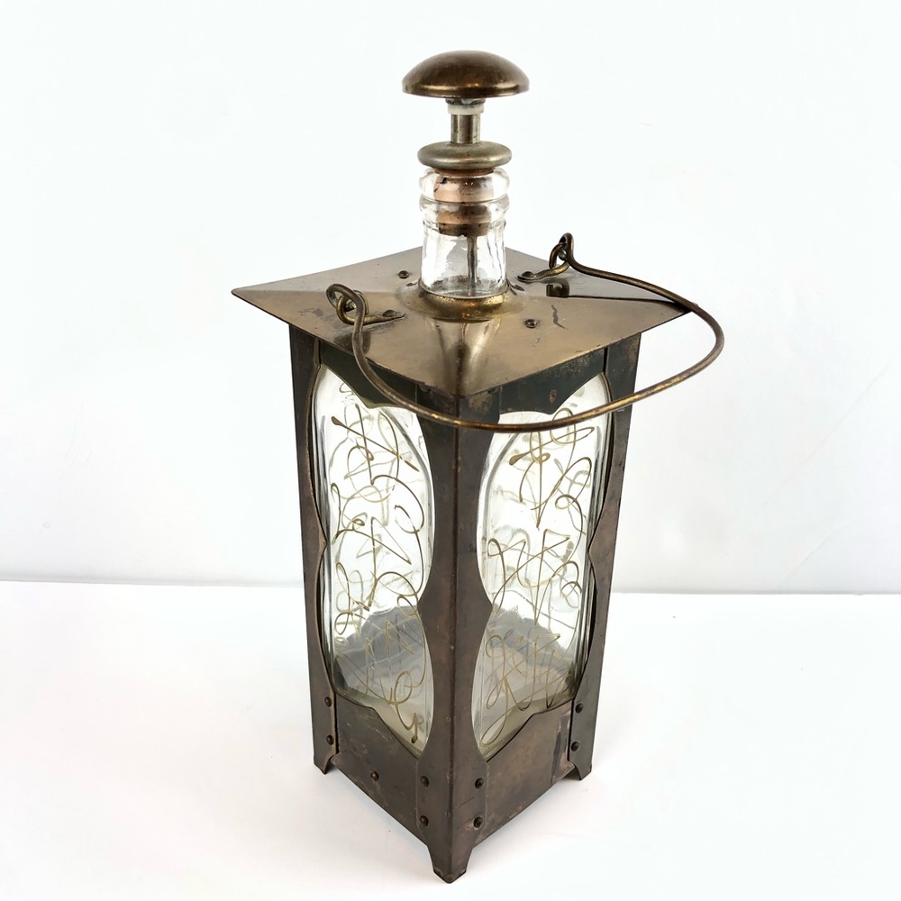 Vintage Decanter Brass Glass Liquor Bottle Music Box Lantern 11” Ht